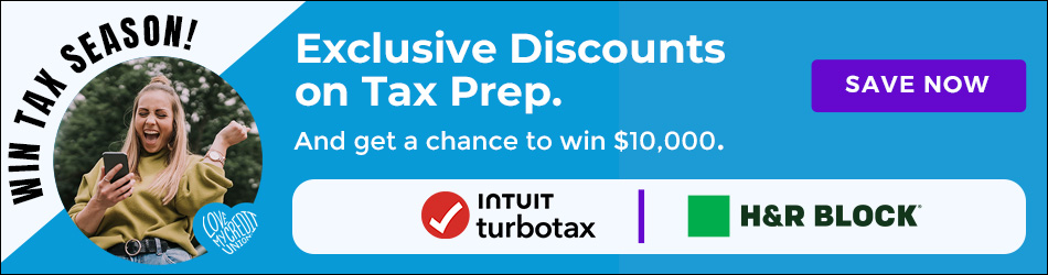 Love My Credit Union Rewards Banner, featuring Intuit TurboTax logo and H&R Block logo. Text announcing Tax Time Sweepstakes with a chance to win $10,000. Image of woman filing her taxes online and celebrating.