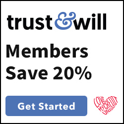 White square ad with black and blue text reads Trust & Will Members Save 20%. Blue button just below reads Get Started. Bottom right corner features red heart Love My Credit Union logo.